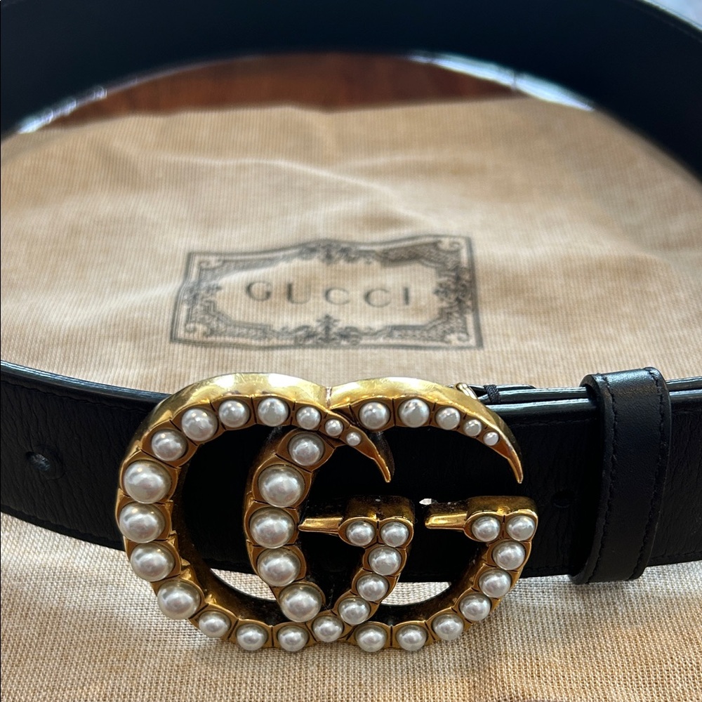 Black Leather GG Marmont Wide Belt With Pearls - size 80